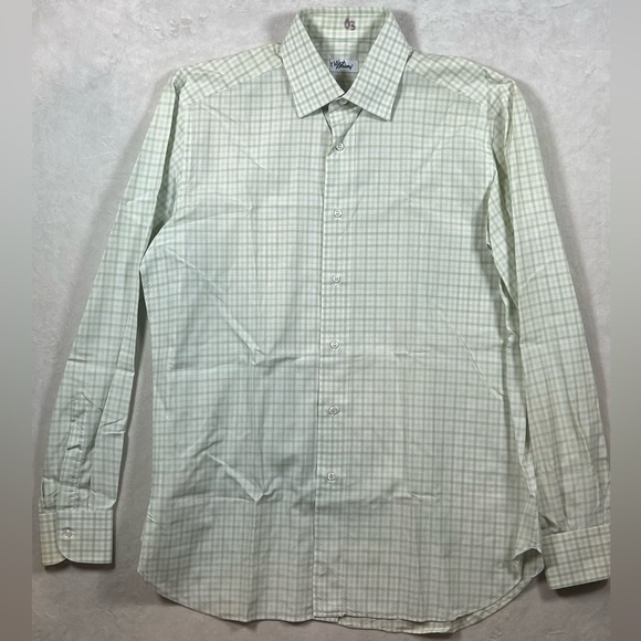 Brioni 3915.5 Green Gingham Check 100% Cotton Spread Collar Dress Shirt EUC